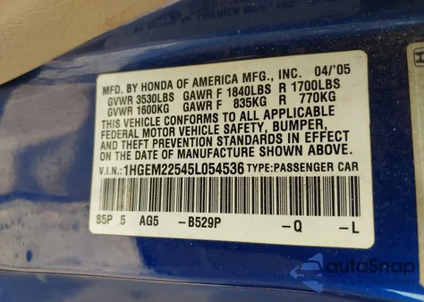 2005 Honda Civic Lx from USA, damaged, VIN 1HGEM22545L054536